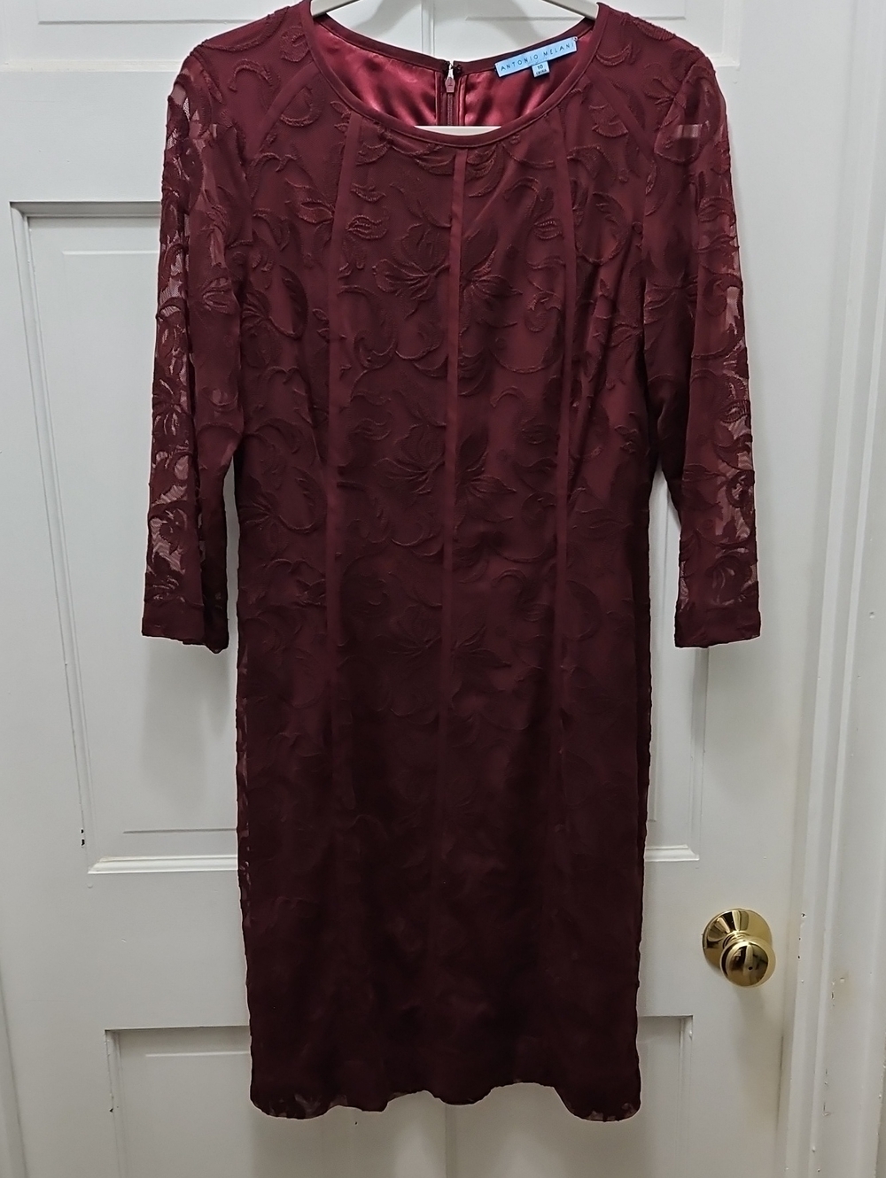 ANTONIO MELANI Burgundy Lace-Textured Long Sleeve Sheath Dress